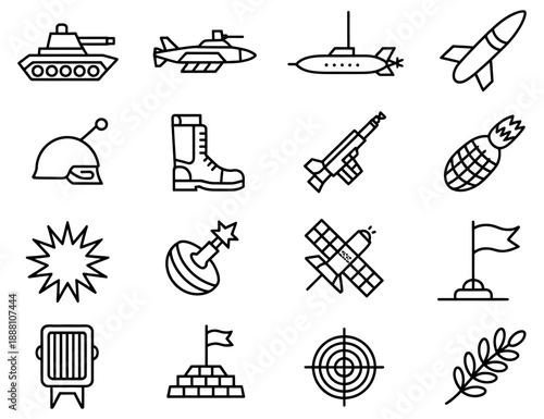 This image features a variety of military equipment and symbols, including an airplane, tank, helicopter, rifle, pistol, missile, submarine, battleship, crown, and various other military insignias and