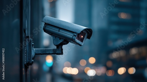 Security camera mounted on a building, overlooking city streets with blurred lights