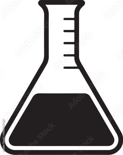 Black and white laboratory flask with liquid inside