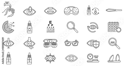 This image features a collection of various everyday items including a bicycle, coffee cup, eyeglasses, book, bottle, toothbrush, and more. Each item is depicted in a simple, line-art style, represent