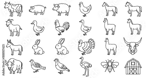 This image features a collection of various farm animals, including sheep, goats, cows, pigs, chickens, and birds. Each animal is depicted in a simple, line-drawn style, capturing their unique charact