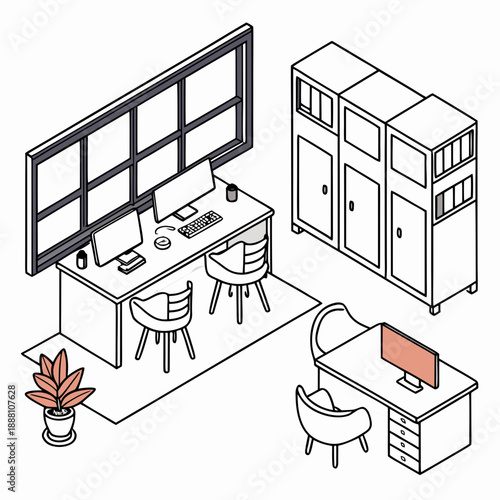Isometric line art of a modern office workspace with desks, computers, and storage cabinets
