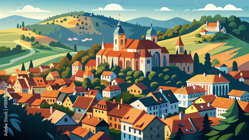 Very beautiful Aerial view of Brașov Old Town shows a medieval city surrounded by forested hills and mountain nature, offering a harmonious blend of historical architecture and Transylvanian landscape