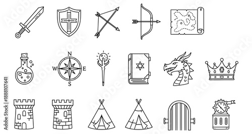 This image features a variety of medieval symbols and icons, including a sword, shield, cross, compass, crown, and other historical artifacts. Each symbol represents different aspects of medieval life