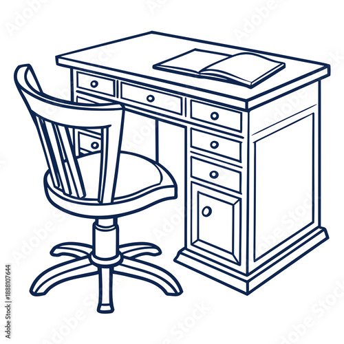 Outline drawing of a wooden office desk with a swivel chair and an open book