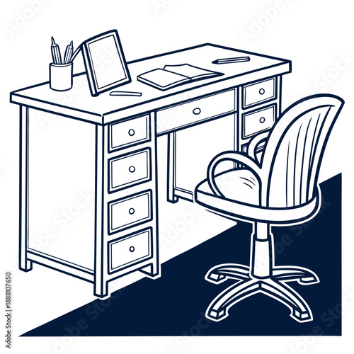 Office desk and swivel chair illustration for home workspace or business setup