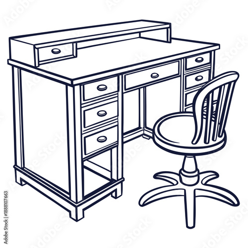 Vintage office desk and swivel chair line art illustration
