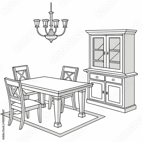 Dining room furniture set with chandelier and hutch, line art illustration