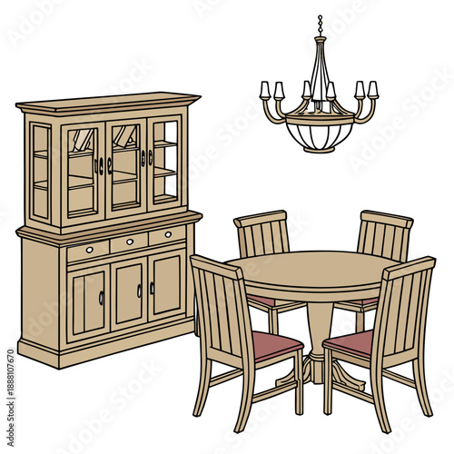 Dining room furniture set with hutch, table, and four chairs