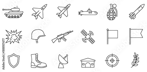 This image features a variety of military equipment and symbols, including an airplane, tank, helicopter, rifle, pistol, missile, submarine, battleship, crown, and various other military insignias and
