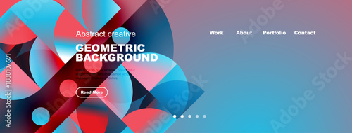 Abstract website header design. Vibrant geometric shapes, blue, red hues dominate. Navigation links present, text overlay visible. Modern aesthetic.