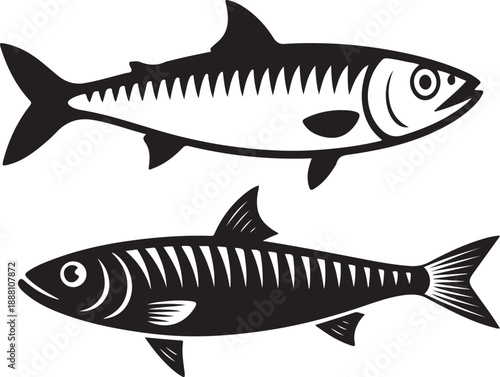 Stylized Black and White Mackerel Fish or sardine fish Icon Vector for Seafood and Ocean Design