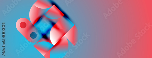 Abstract shapes blend vibrant blues, reds. Gradient background creates dynamic visual effect. Modern design, smooth curves dominate composition.