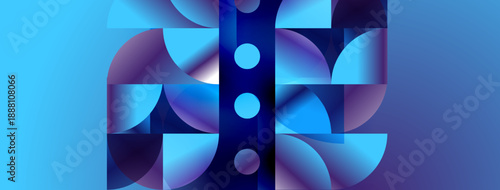Abstract geometric composition. Blue, purple hues dominate. Circular shapes intersect, creating dynamic visual effect. Modern design.