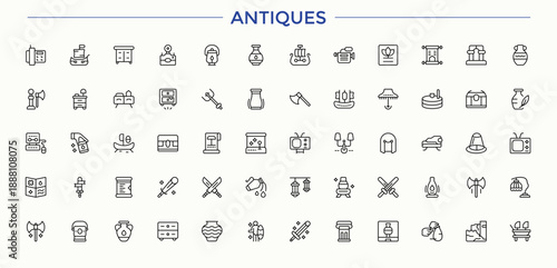 Set of Antiques line icon. Contain linear sign culture, archaeologic, history, exhibit, art and more. Minimal thin line web icons set. Art icon set. Vector artwork and illustration.