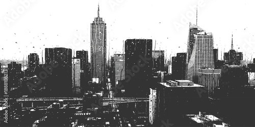 Monochromatic grungy skyline with tall buildings and cityscape silhouette, abstract urban vector art