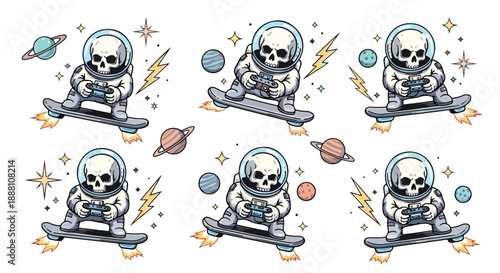 skull astronaut riding skateboard with planets and stars in space
