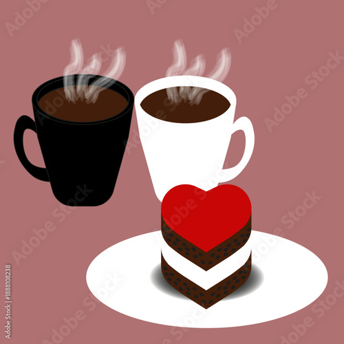 Black and white illustration of a coffee cup and heart-shaped dessert on a saucer