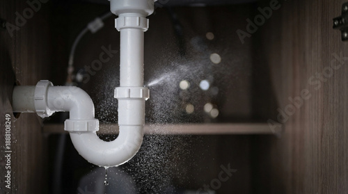White plastic kitchen sink siphon pipe leaking water spray under the cabinet showing a plumbing emergency at home.