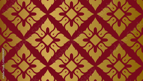 Gold and Red Traditional Thai Floral Seamless Background Pattern