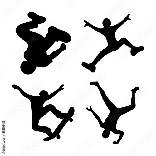 Dynamic action silhouettes: skateboarder, breakdancer, and jumping figures in motion