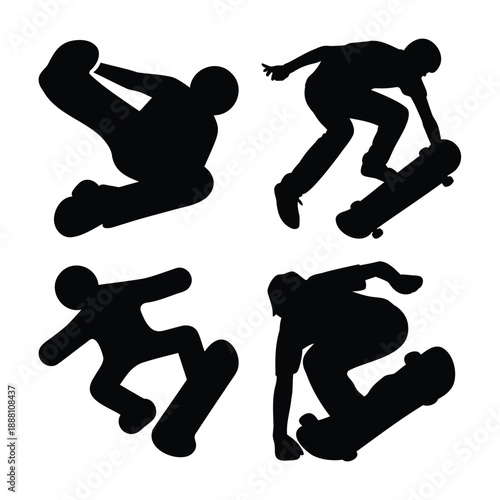 Dynamic black silhouettes illustrating various skateboarding tricks and poses