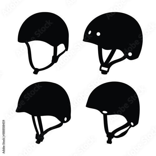 Four black silhouettes of safety helmets for various sports and protective gear