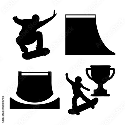 Dynamic black silhouette collection of skateboarding in action with ramps and a trophy