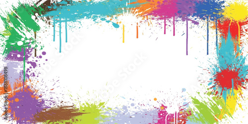 Vibrant colorful paint splatter frame with dripping effect, abstract artistic background design