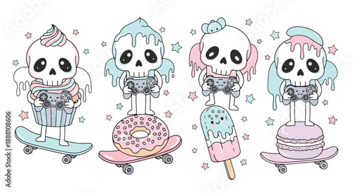 skull cartoon characters with skateboards and sweet treats and video game controllers