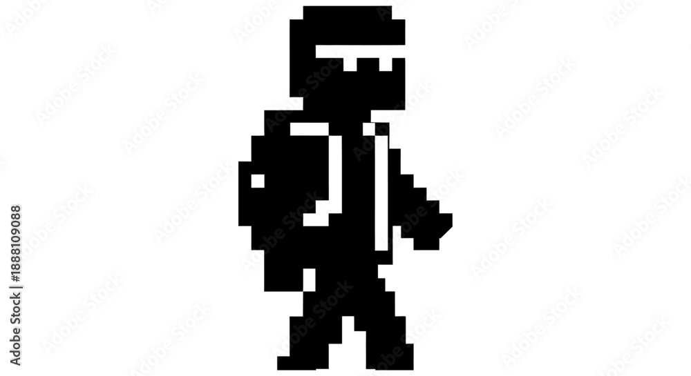 Obraz premium pixel art character a mysterious black silhouette avatar with a backpack capturing retro video game nostalgia for modern digital and tech projects.