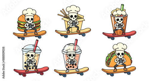 skull chef on skateboard with fast food and drinks isolated on white background