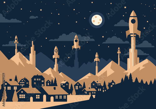 A charming village scene with paper rockets launching into a starry night sky. Silhouetted mountains and buildings create a whimsical, retro aesthetic. Perfect for illustrations and design.
