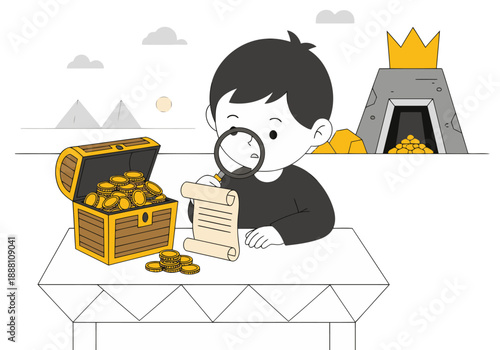 A young boy explores a treasure chest filled with gold coins, symbolizing a rich educational history.  Illustrative, playful, and inviting.
