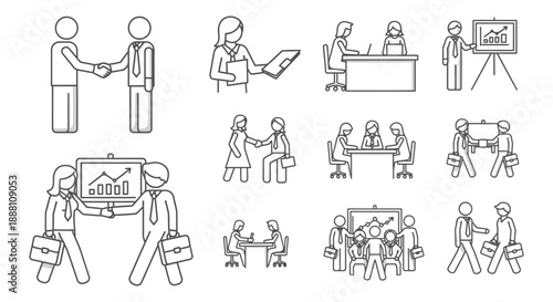 business meeting and professional partnership icons illustrating teamwork strategic planning client acquisition and corporate growth presentations.