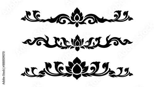 Thai Floral Border Illustration Design Set with Traditional Lotus Ornament
