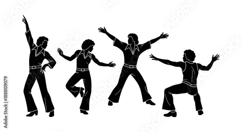 disco dancers silhouettes striking dynamic poses for 70s retro party designs evoking nostalgic energy and vintage celebration concepts