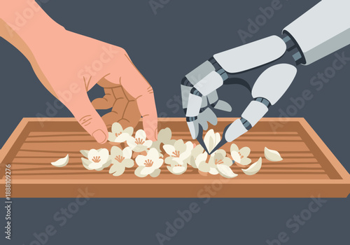 A robotic hand delicately picks jasmine flowers from a tray, showcasing precision and beauty. Modern illustration style.