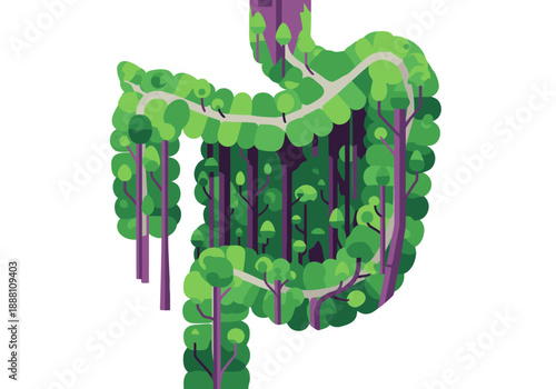 surreal illustration depicts a human digestive system transformed into a lush forest highlighting the gut microbiome's complexity and ecological nature Vibrant green and purple tones