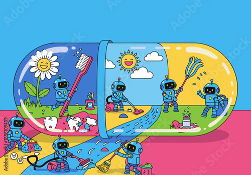 A surreal illustration depicts robot figures inside a capsule, enjoying a miniature landscape with playful elements. Bright, cheerful, and visually engaging.