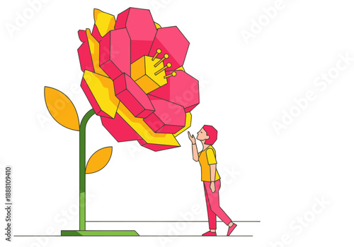 A surreal, oversized flower dwarfs a young man, creating a captivating sensory experience. Bold colors and geometric design offer a unique, modern illustration.