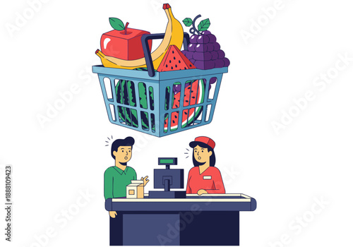 Surreal shopping scene! A basket overflowing with fruit floats above a cashier. Vibrant colors and a playful composition create a unique visual.