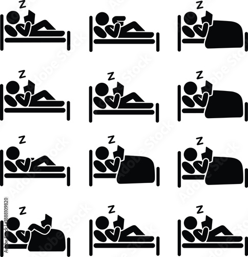 Sleeping stick figure bed icon set with z symbols, people resting in different positions, bedtime and relaxation pictograms for health, hotel, lifestyle design.