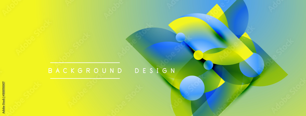 Fototapeta premium Abstract yellow, blue design. Gradient background features flowing shapes, spheres, text elements. Modern visual composition.