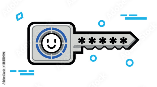 Simple flat design key icon with smiley face and password.