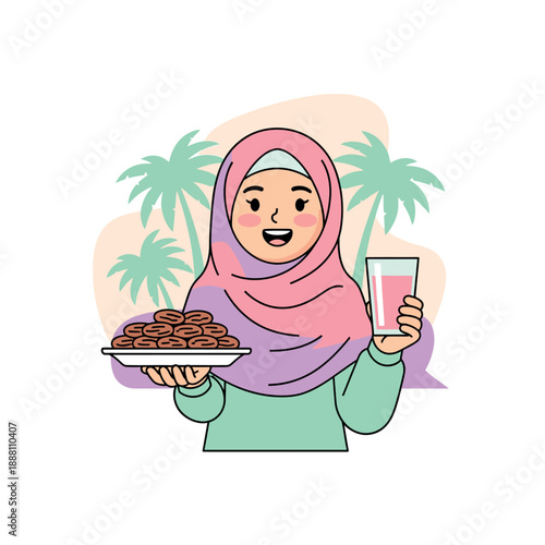 Woman in hijab holding dates and pink drink in tropical setting.