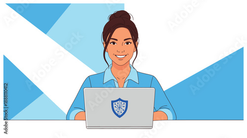 Woman working on laptop with shield icon on screen.