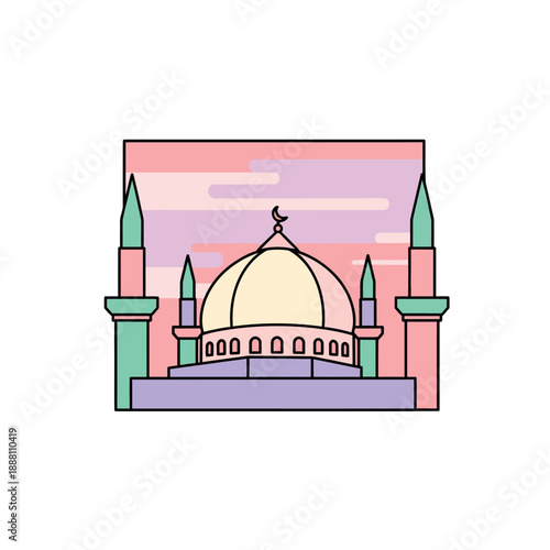 Illustration of a mosque with a large central dome and minarets.