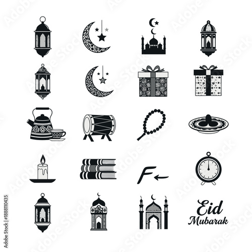 Eid Mubarak Islamic Symbols and Icons Set.