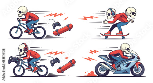 Skull rider on bicycle skateboard and motorcycle with gaming controllers